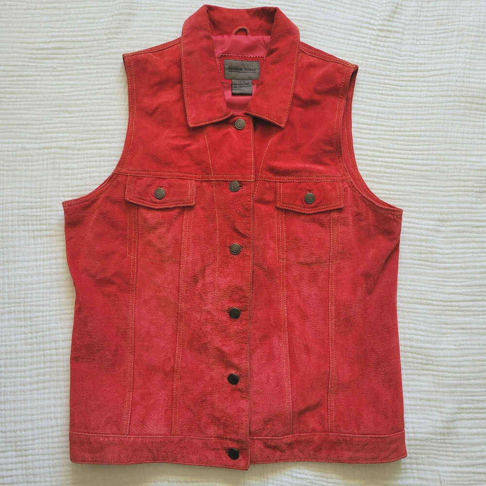 Vintage Y2K Womens XL Brandon Thomas Red Suede Leather Vest Western Cowboy Hide